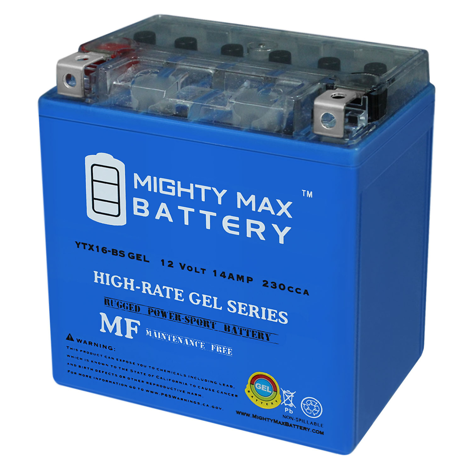 Mighty Max Rechargeable Maintenance-Free Motorcycle Battery — 12V, 14Ah, 230 CCA, GEL Type, Model# MAX3472574